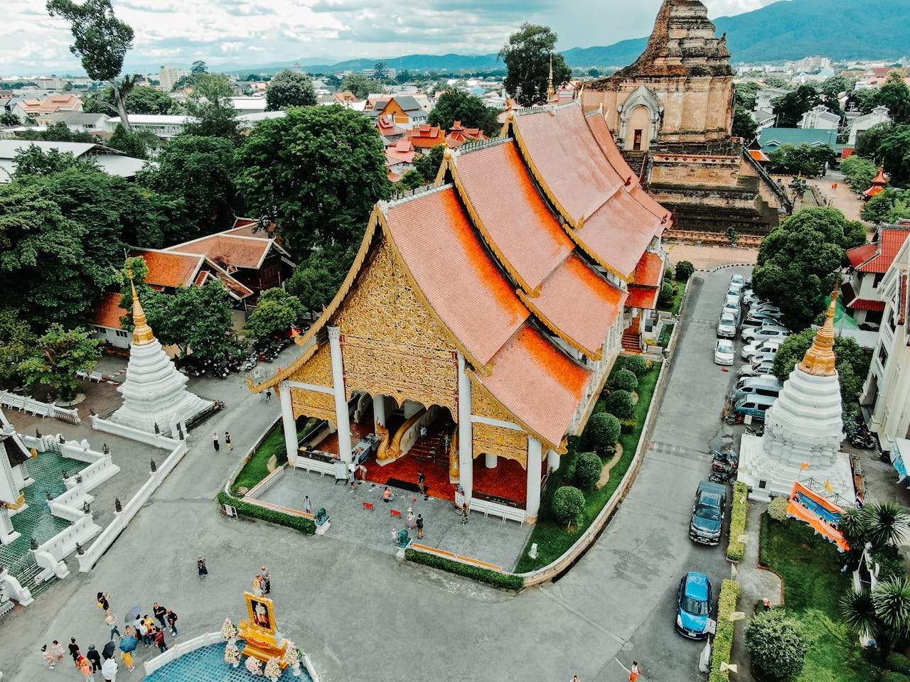 Stunning aerial view of Wat Chedi Luang, showcasing traditional Thai architecture in Chiang Mai, Thailand.